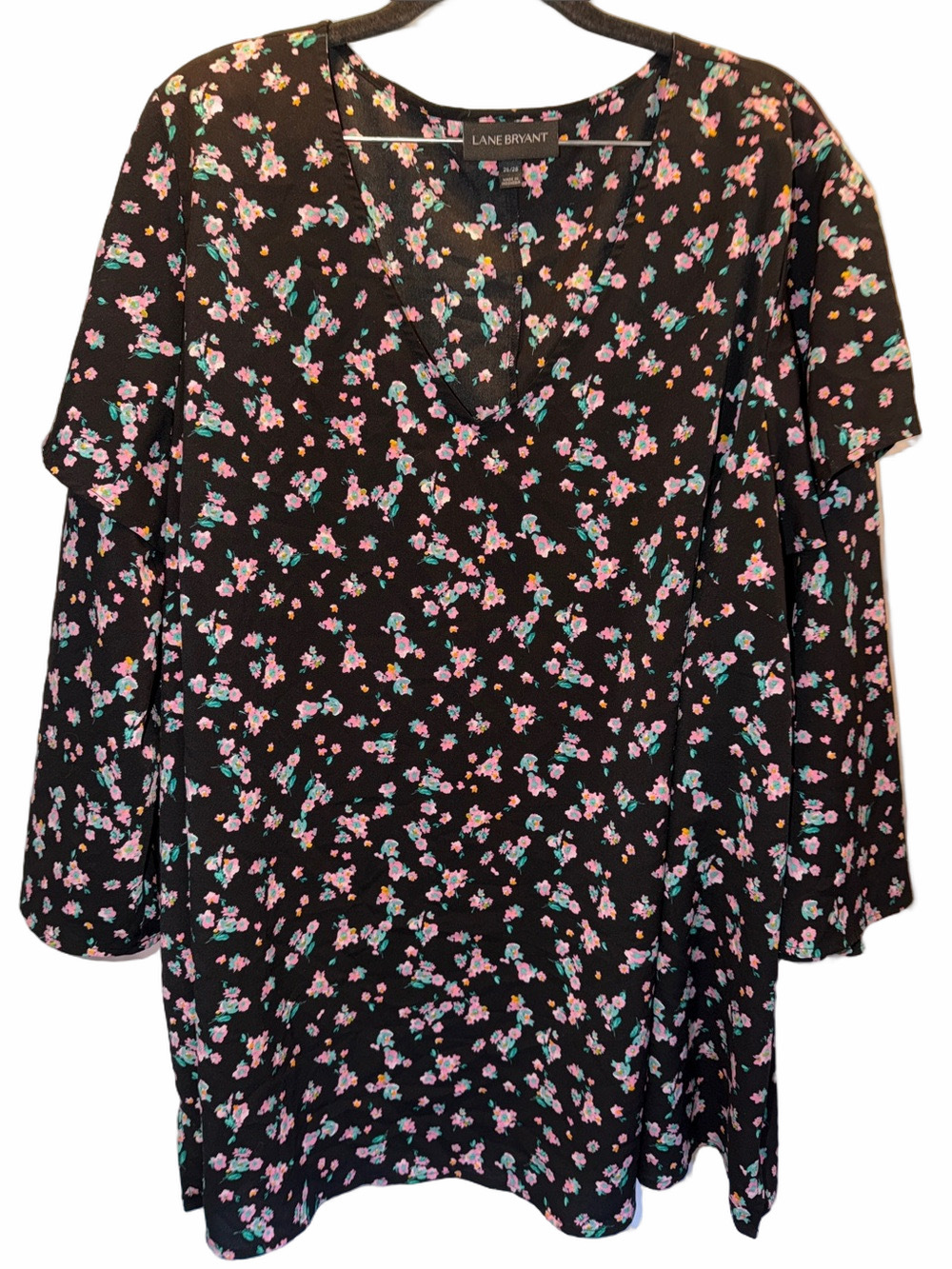 Lane Bryant Floral V-Neck Tunic, Double Ruffle Bell Sleeves, SZ 26/28, (T1-370)